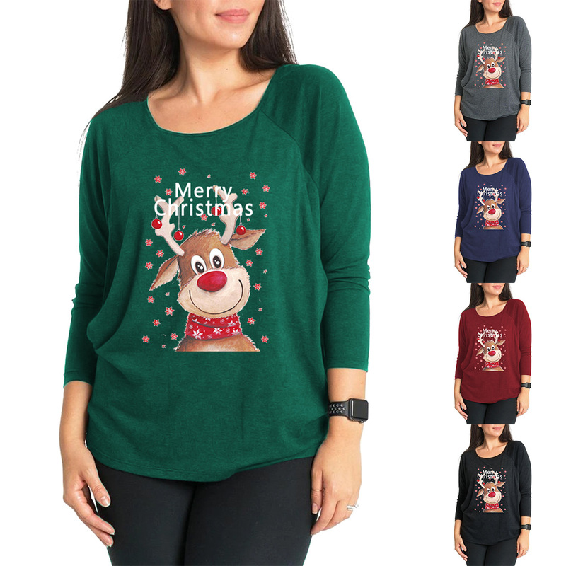Cross-border Source Amazon New Maternity Jacket Christmas Printed Round Neck Shoulder Long Sleeve Breastfeeding T-Shirt