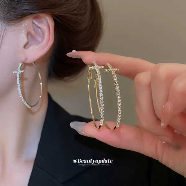 Silver Needle Diamond Cross Round Ear Ring European and American Retro Fashion Elegant Piece Ring Earrings Light Luxury High-end Earrings for Women