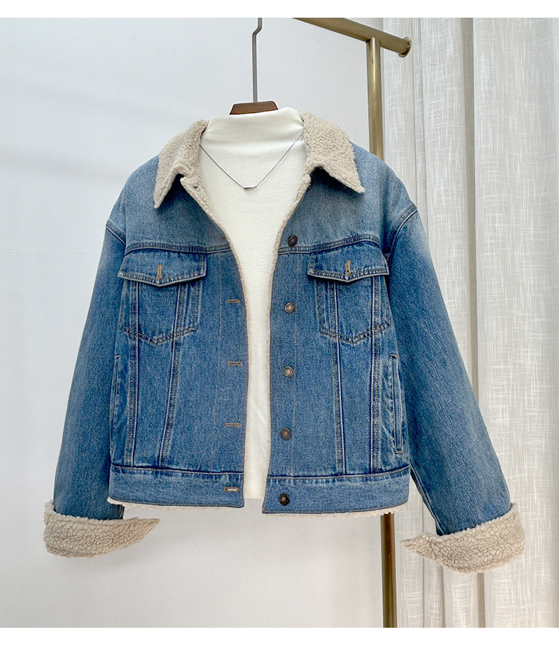 Áo khoác denim lót lông cừu dày dáng rộng cho nữ mùa thu đông — màu xanh gradient chi tiết 3