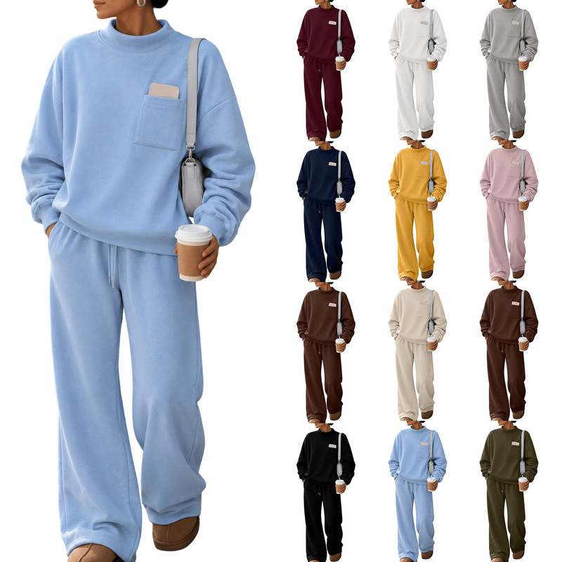 2026 Autumn/Winter New European and American Loose Stand Collar Sweatshirt and Wide Leg Pants Two-Piece Set for Women, Solid Color Casual Sports Outfit for Women 2026 Autumn/Winter New European and American Loose Stand Collar Sweatshirt and Wide Leg Pants Two-Piece Set for Women, Solid Color Casual Sports Outfit for Women