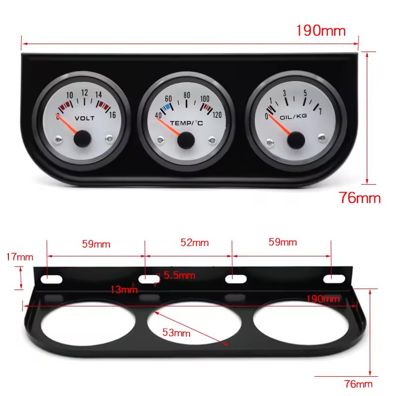 Cross-border bestseller 52mm car modification triple gauge: oil pressure gauge, KG water temperature gauge, C voltage gauge combination instrument 12V