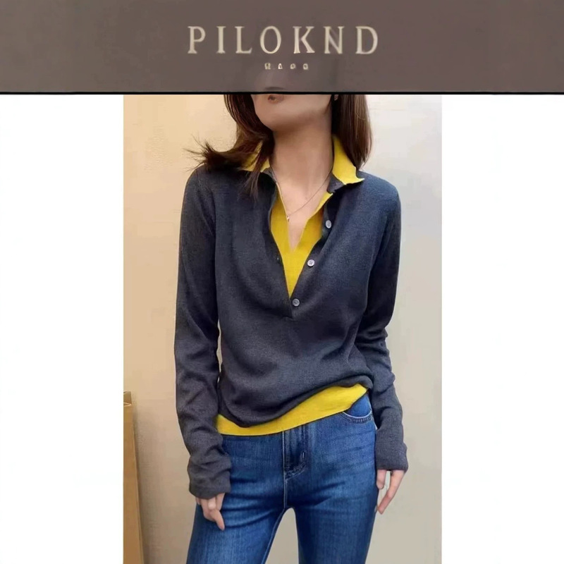 Polo collar faux two-piece Merino wool 45-count fine wool base shirt with regular shoulders and half-open collar, two-way wear knit shirt Polo collar faux two-piece Merino wool 45-count fine wool base shirt with regular shoulders and half-open collar, two-way wear knit shirt