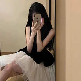公主风丝绒拼接网纱无袖背心连衣裙女秋冬高级感气质蓬蓬裙圣诞裙