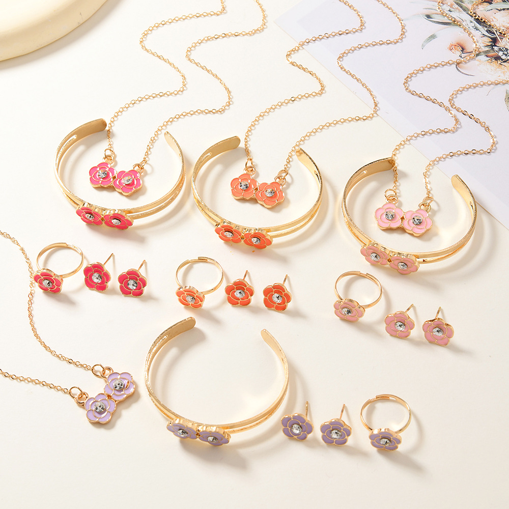 Wholesale Cross-Border Hot-Selling Sweet Style Rose Series Bracelet, Necklace, Ring, and Earring Set Cute and Unique Accessories