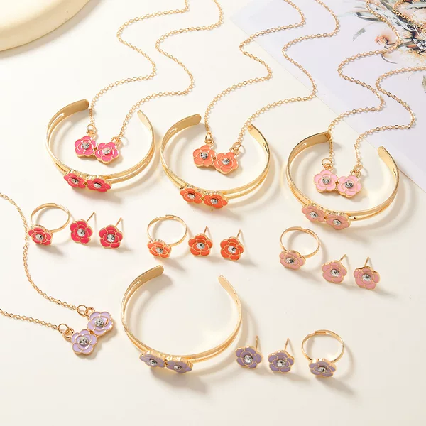 Wholesale Cross-Border Hot-Selling Sweet Style Rose Series Bracelet, Necklace, Ring, and Earring Set Cute and Unique Accessories