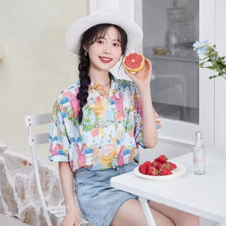 度假风印花衬衫女夏季薄款日系宽松百搭衬衣港风复古慵懒短袖上衣