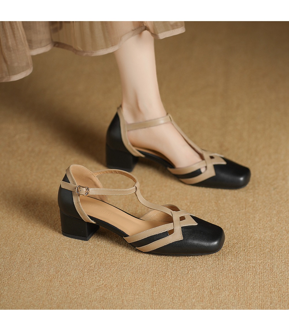 Sandal nữ mũi nhọn quai chữ T gót vuông cổ điển phối màu da bò — đen chi tiết 10