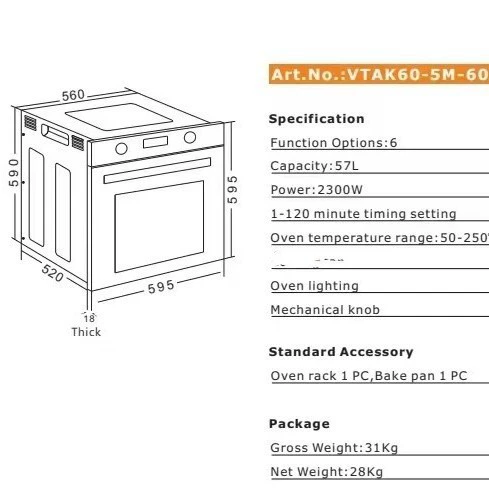 Built-in Electric Oven, 80 L Capacity, 4 Functions with Timer, All-in-One Baking Unit