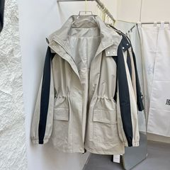 高级感撞色拼接连帽中长款冲锋衣外套女2025春秋新款时尚工装风衣
