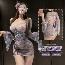 情趣内衣蝴蝶印花和服心机透视诱惑开襟睡袍制服纯欲免脱套装1526