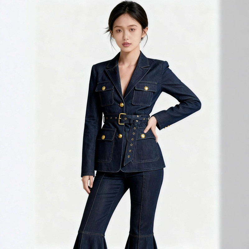 Customized Spring New Women's Dark Blue Denim Suit Suit Metal Buckle Waist Flared Pants Elegant Two-Piece Suit