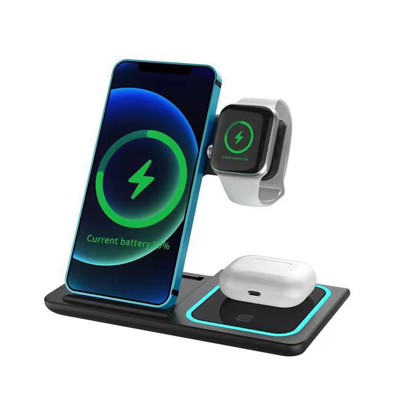 Cargador inalámbrico plegable 3 - en - 1 para Apple, Huawei, auriculares, relojes, carga inalámbrica con luz de atmósfera