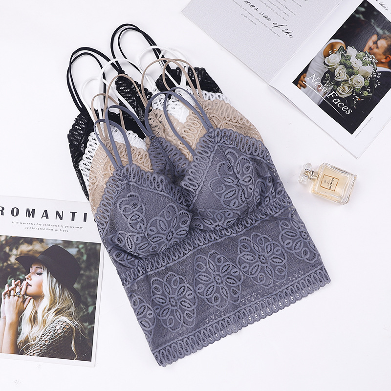 2022 verano inalámbrico con almohadilla en el pecho más tamaño encaje belleza espalda sujetador largo bottoming camisola de las mujeres chaleco