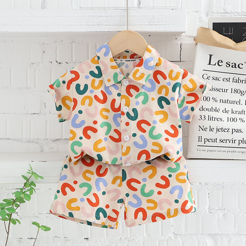 Children's Breathable Short-Sleeve Summer Outfit Set for Boys, Including Shirt and Shorts, Korean Style, Floral Pattern, Two-Piece Set