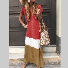 女装宽松速卖通短袖外贸拼接连衣裙欧美大码撞色亚马逊