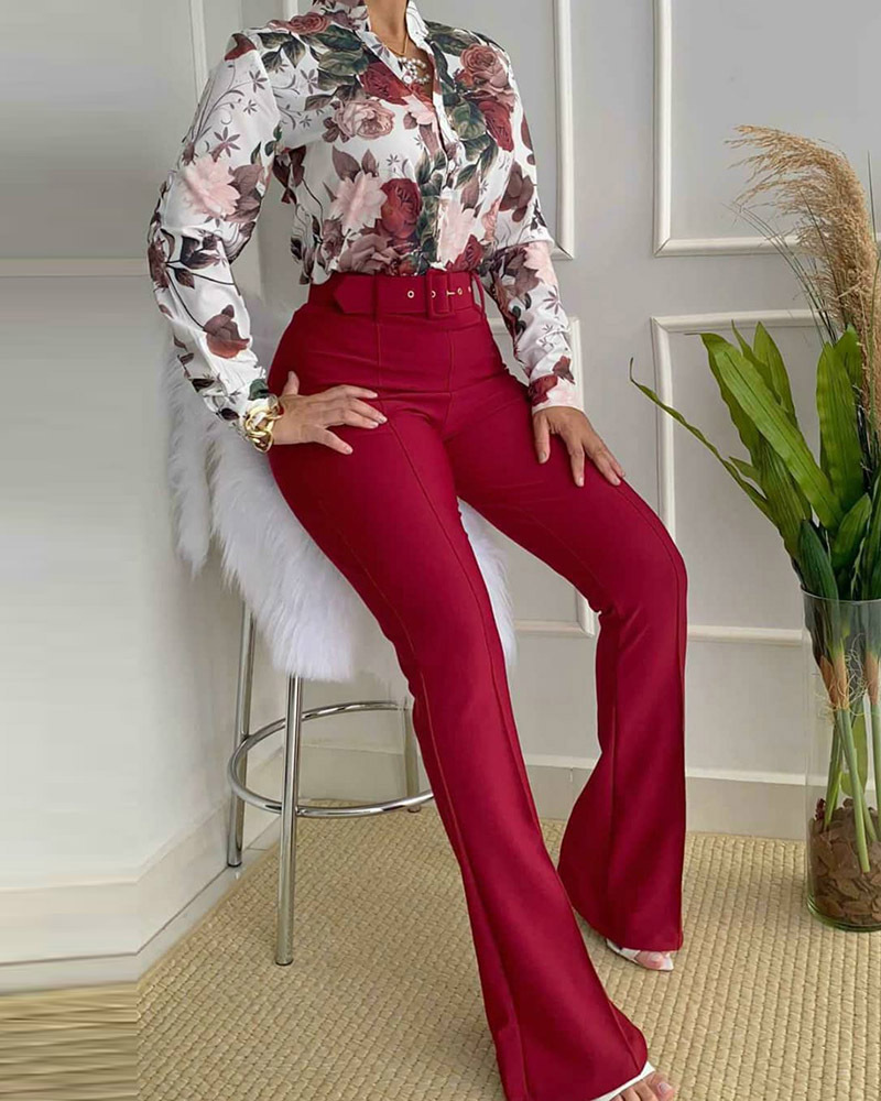 Printed Stand-Up Collar Shirt & Wide Leg Pants 2 Piece Set NSXPF103330