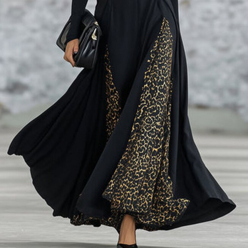 Black Leopard-Print Patchwork Street-Style Dress With Long Sleeves For Fashionistas_ecoleips.com