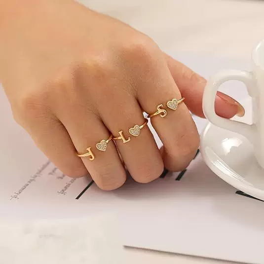 Cross-border heart-shaped jewelry micro-inlaid zircon 26 letter ring your name ring personality circle open index finger