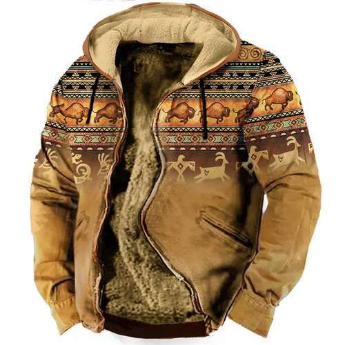 European and American multicolored pattern 3D printing digital printing hatless sweatshirt with brown cotton lining