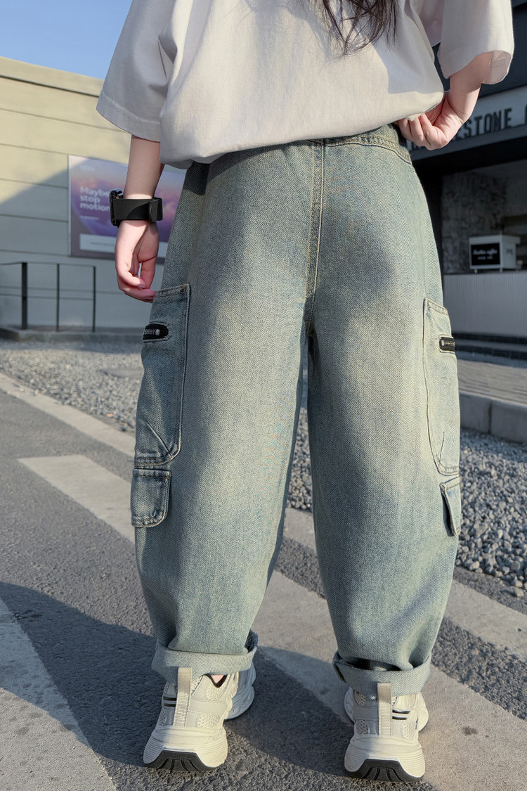 Dívčí široké džíny s kapsami a zipem modré ležérní styl_voghion.com