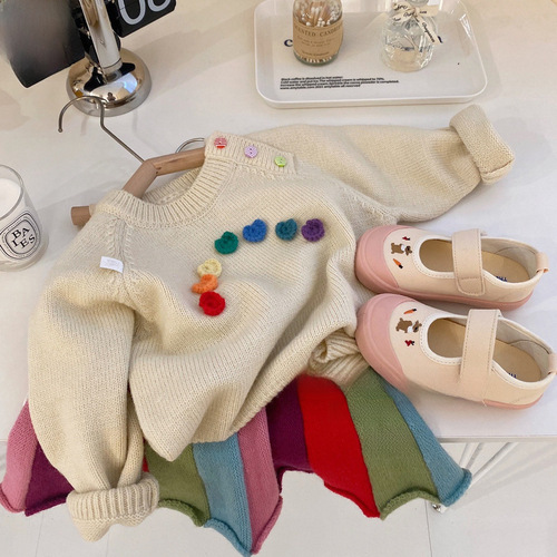 Korean Version 2024 Autumn/Winter New Girls' Stylish Solid Color Knit Top Children's Versatile Top Baby Sweater Jacket