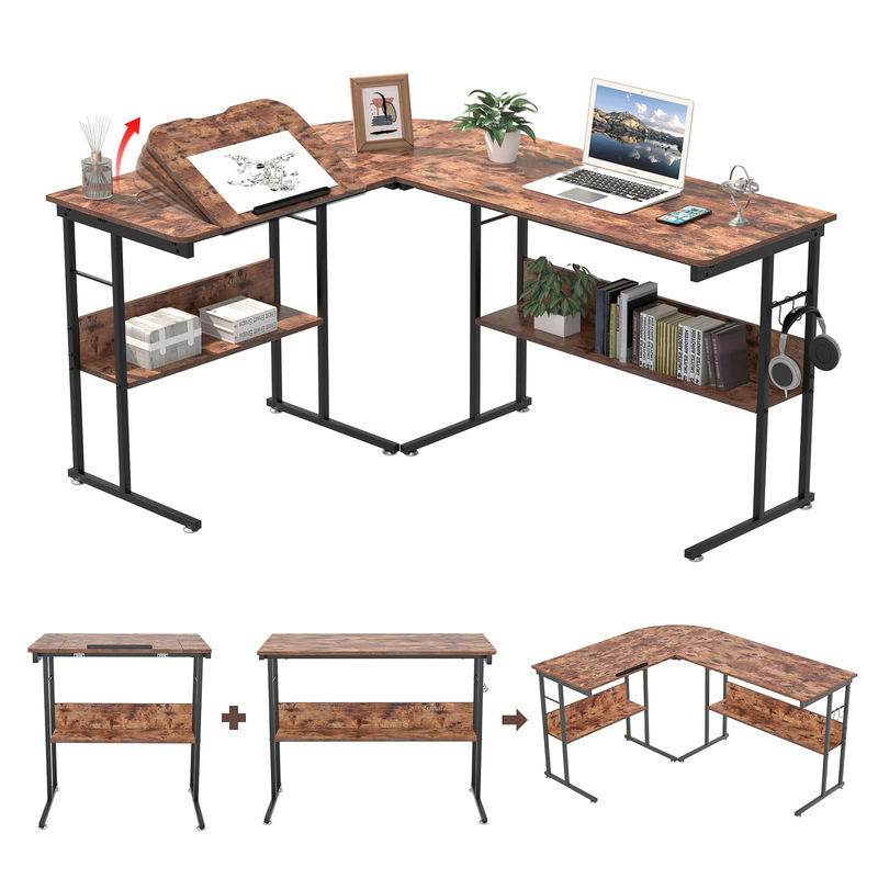 Modern Multifunctional Home Study L-Shaped Desktop Computer Table Industrial Style Foldableable Office Painting Study Desk