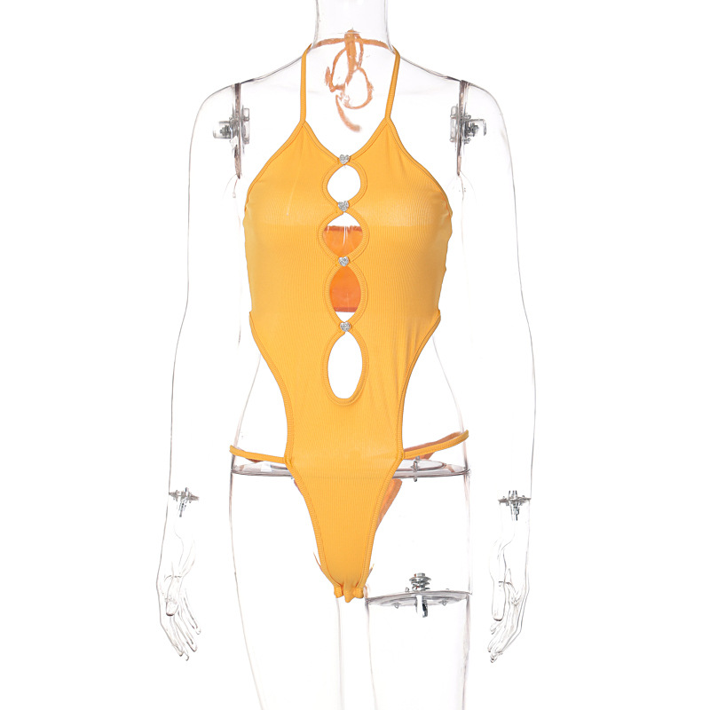 Womens Solid Color TieUp Halterneck Sexy Cutout Wholesale Bodysuits