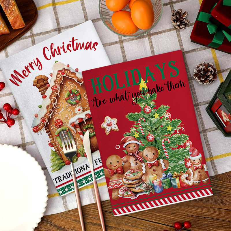 Christmas Cookie Man Series Waffle Print Kitchen Dish Towel Christmas Baking Pattern Towel Dish Towel