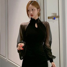 春夏女新款洋气显瘦旗袍裙子开叉包臀雪纺拼接丝绒连衣裙