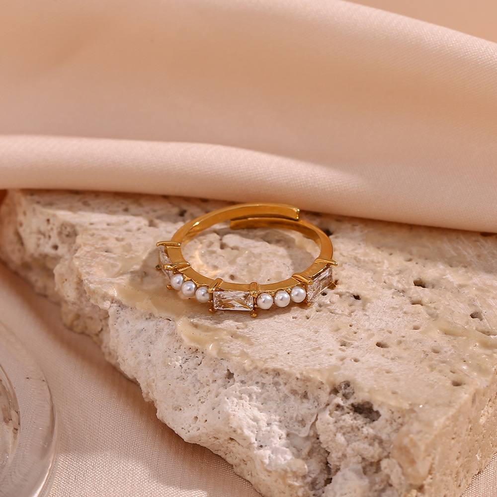 Fashion Geometric Stainless Steel Inlay Artificial Pearls Zircon Open Ring 1 Piece