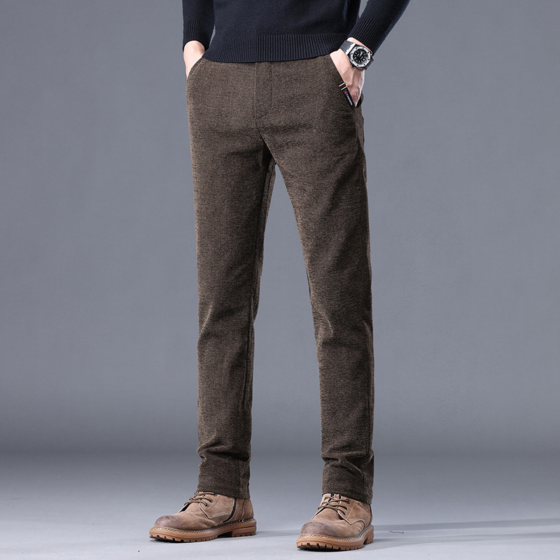 Otoño e invierno pantalones casuales antiarrugas de los hombres de fácil cuidado slim fit pantalones de los hombres chenille forrado de lana engrosada pequeños pantalones rectos niños