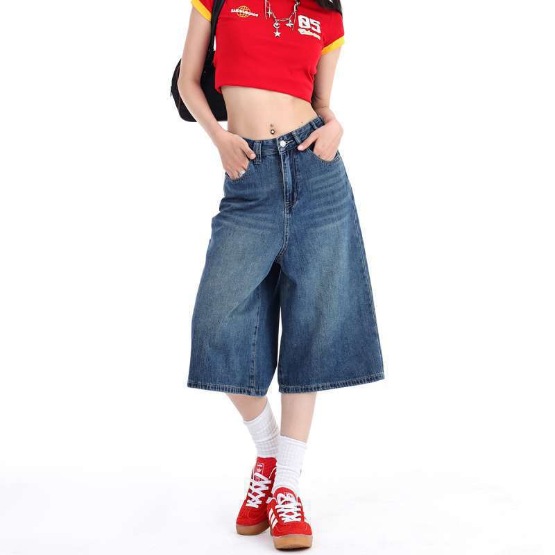 High Street Wholesale Shorts, Straight-Leg Jeans, Wide-Leg Jeans for Women, Slimming Pants, American Style, Spring and Summer Cotton