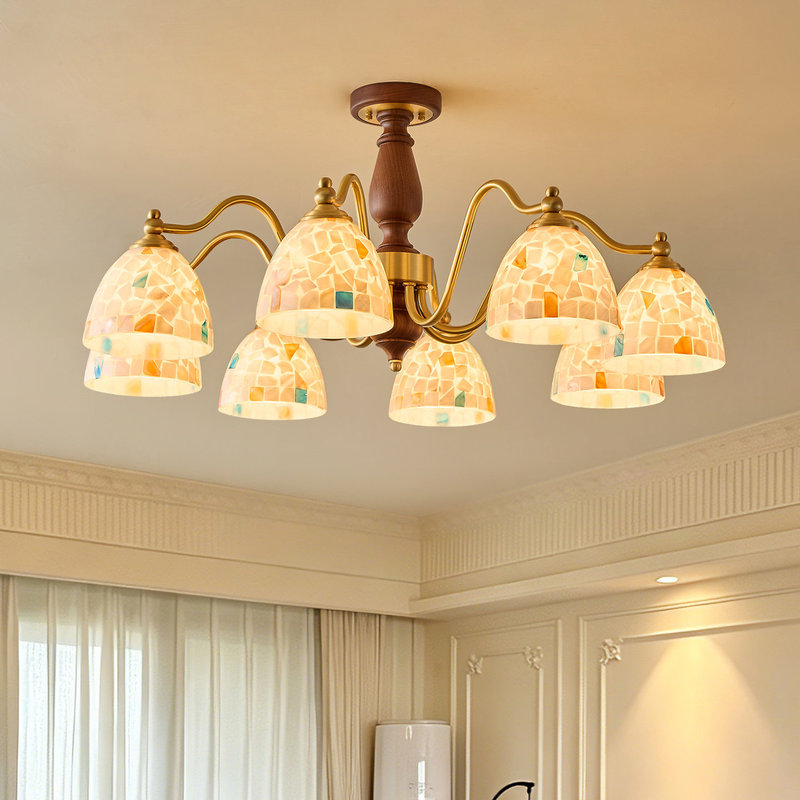 All-copper living room chandelier, French light luxury mid-century style main light for the hall, walnut-colored pastoral style shell-shaped bedroom and dining room lamp