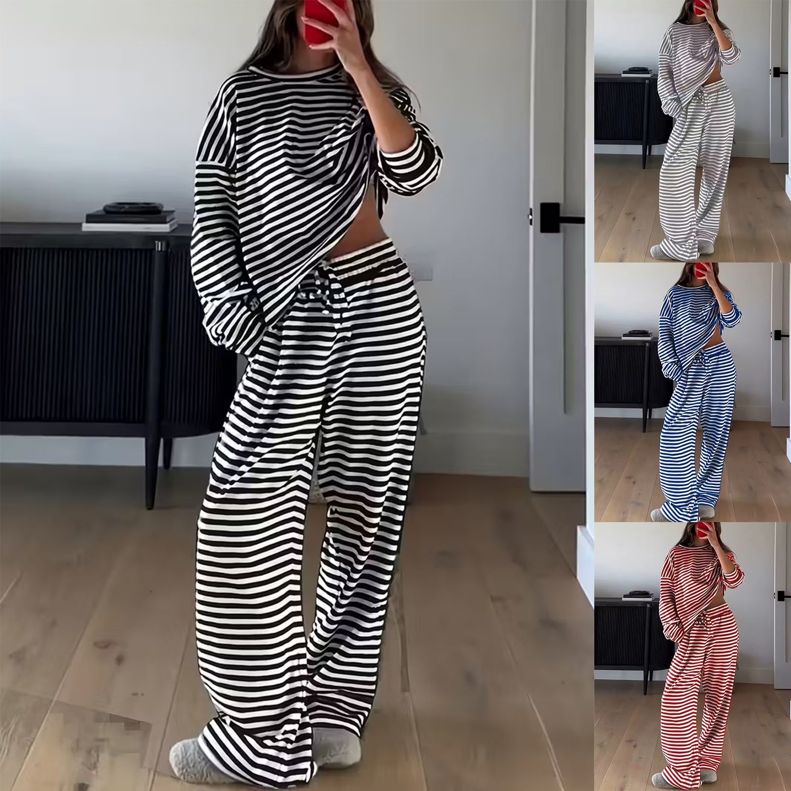 女式时尚休闲套装秋冬季亚马逊欧美女装新款条纹设计感两件套女