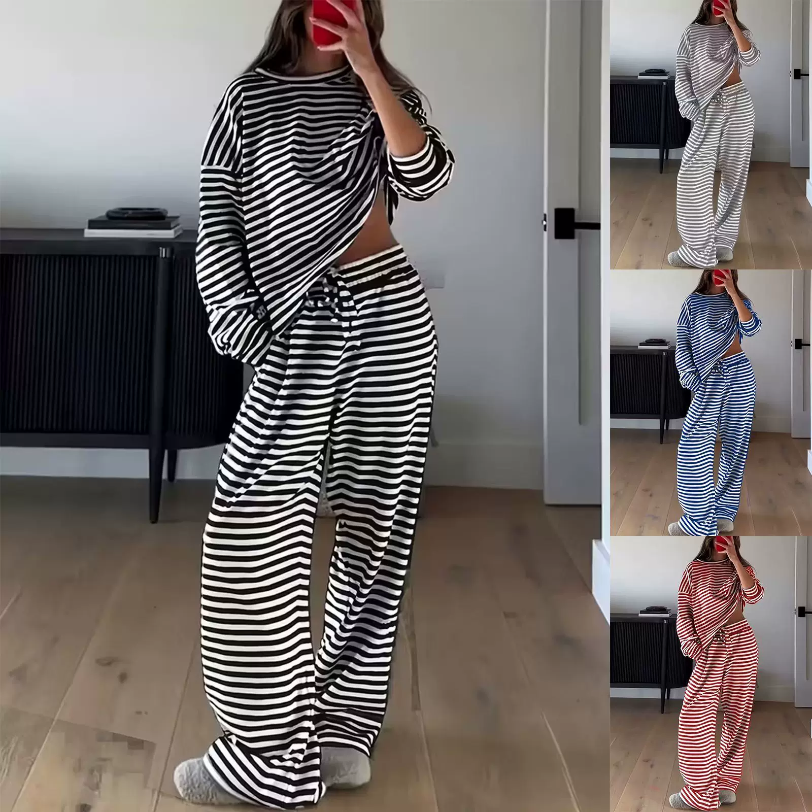 女式时尚休闲套装秋冬季亚马逊欧美女装新款条纹设计感两件套女