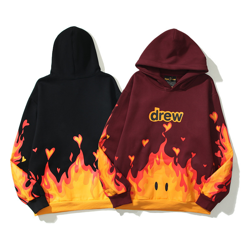Cross-Border Trendy Brand Drew Smiling Face Unicorn Arm Flame Hoodie Sweatshirt European and American Loose Casual Men's and Women's Velvet Sweatshirt