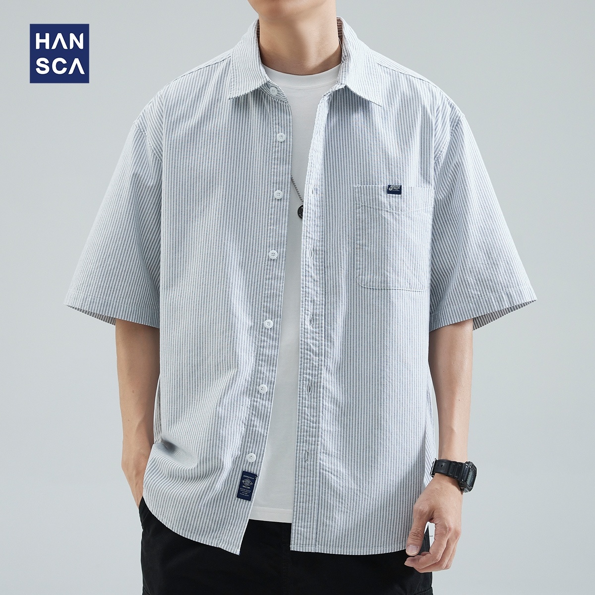 Hansca Summer Vertical Stripesd Short-Sleeved Shirt Men's Heavy Shirt Pure Cotton Versatile Half-Sleeved Loose Casual Jacket
