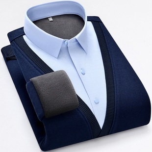 Autumn and Winter Men's Shirt Fake Two-piece fleece-lined Thickened Warm Business Casual Shirt Dad's Knitted Sweater Sweater