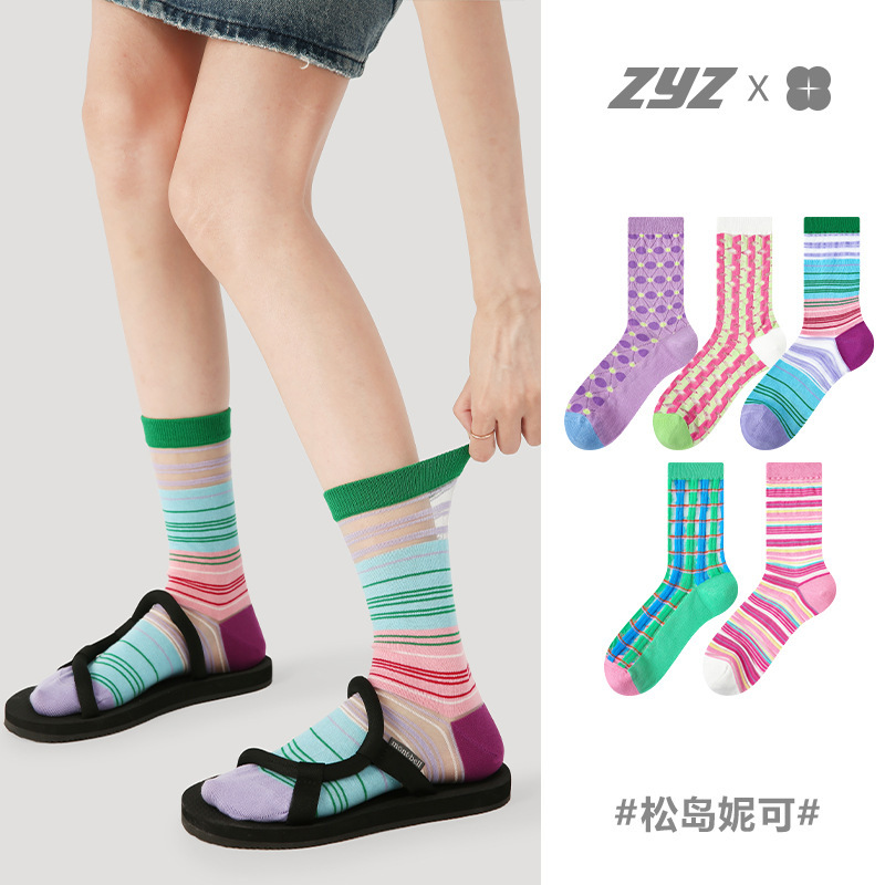 Renaissance Transparent Glass Silk Socks Women's Summer Thin Cotton Low Sweat Absorption Breathable Colorful Striped Card Stockings