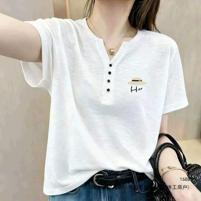 Bamboo cotton small V-neck buttoned women's summer new pure cotton trendy simple Korean style versatile elegant top Bamboo cotton small V-neck buttoned women's summer new pure cotton trendy simple Korean style versatile elegant top
