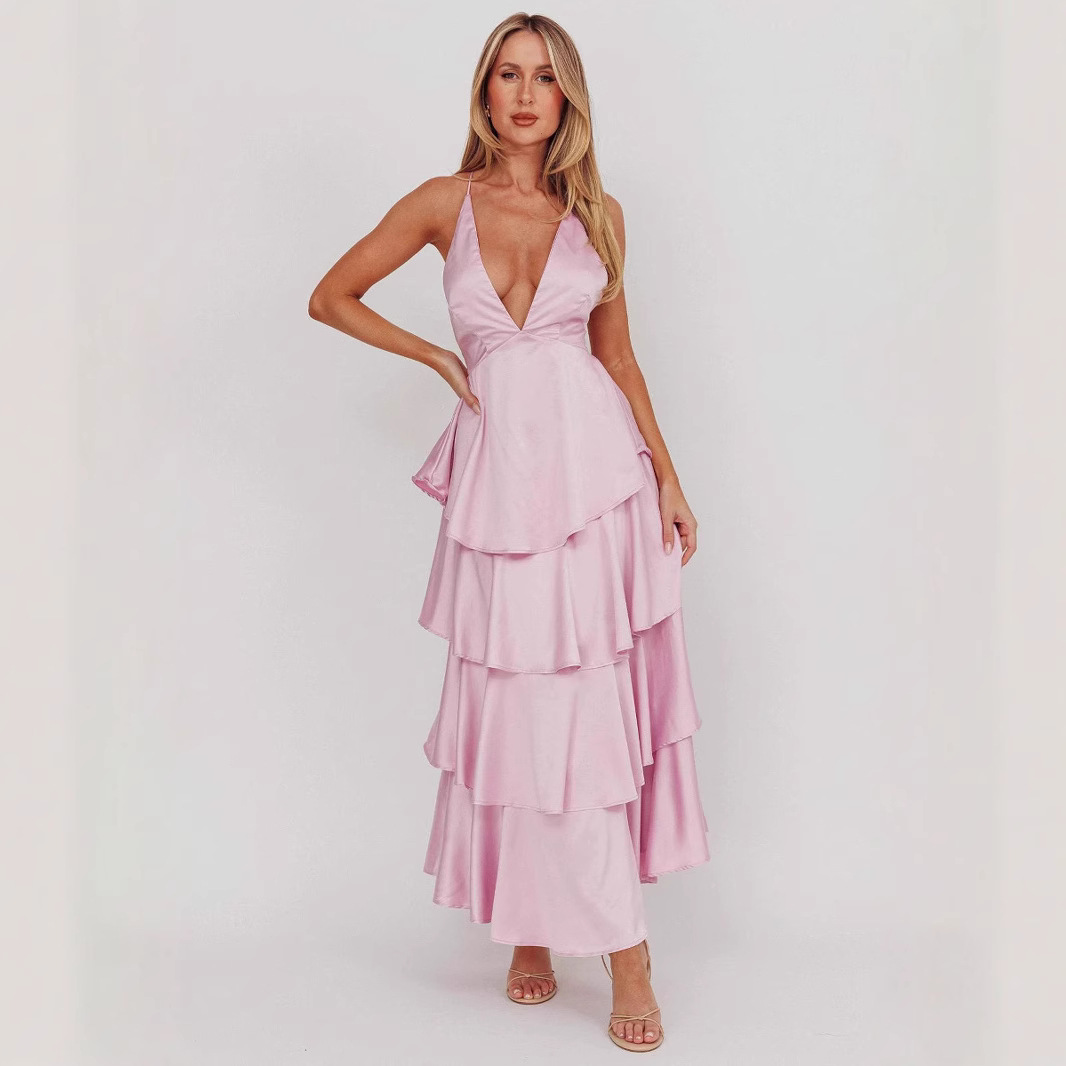 2025新款跨境纯欲风网红爆款夏法式蛋糕裙子女气质无袖v领连衣裙