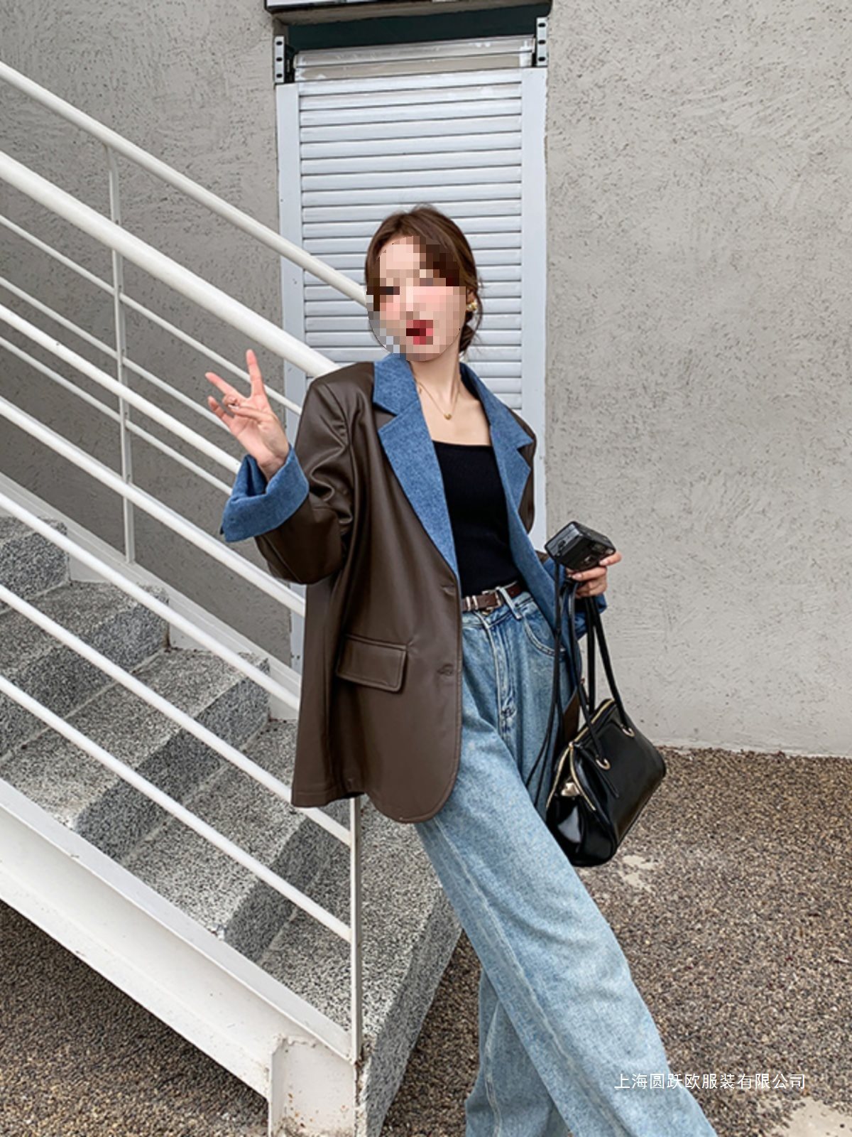 西装外套女设计感小众春秋2025新款牛仔拼接皮衣感炸街小西服