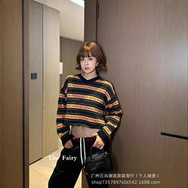 [复古费尔岛]25秋冬短款撞色V领条纹毛衣女 英伦风羊毛套头针织衫