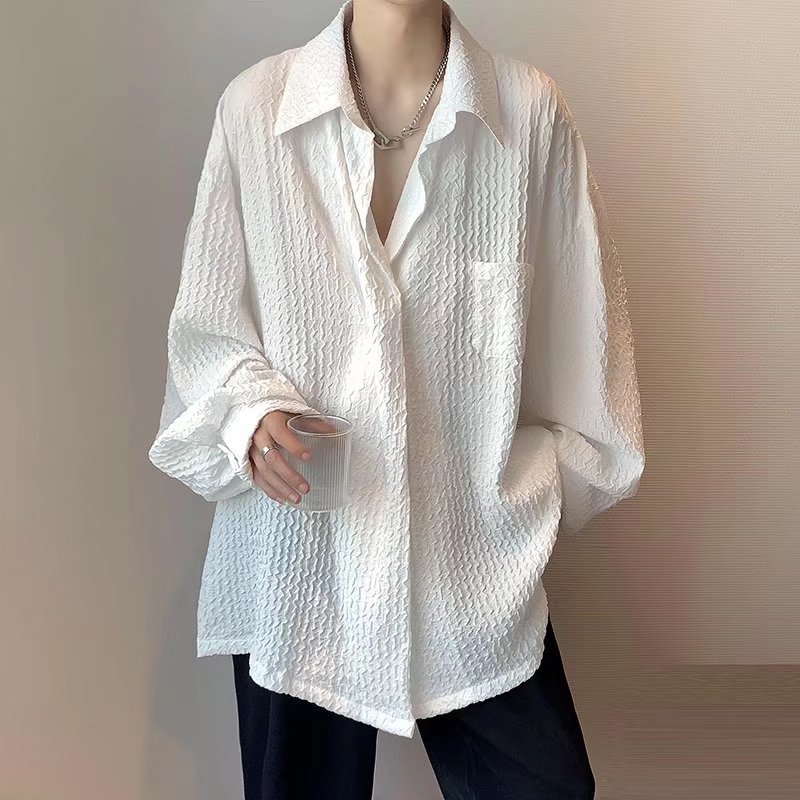 Pleated Thin Shirt Men's Summer Design Sense Niche Shirt ins Fashionable Long-sleeved Jacket Hong Kong Style Duffy Handsome Top