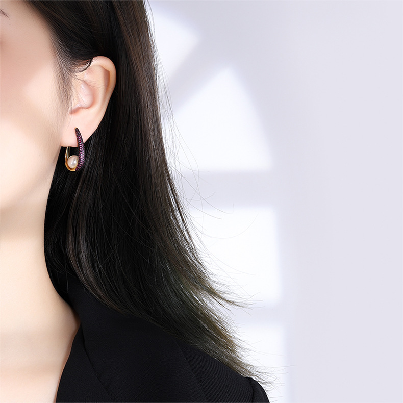 Fashion U Shape Copper Inlay Pearl Zircon Ear Studs 1 Pair