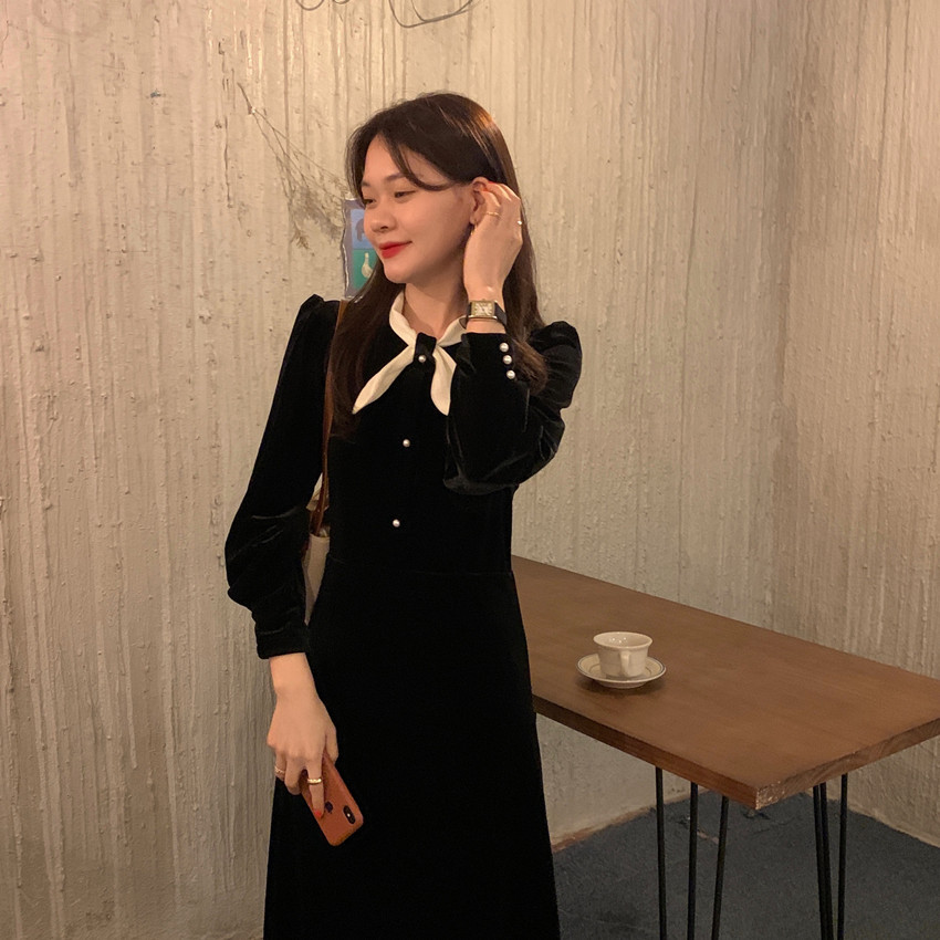 (2개) 진짜 2024 가을과 겨울 새로운 프랑스 헵번 스타일 우아한 벨벳 허리 활 원피스