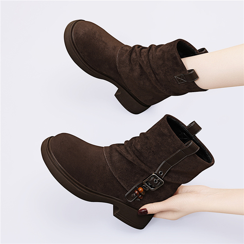 Cotton-padded Shoes With Fleece, 2025 New Autumn And Winter Maillard Tassel Short Boots, Retro Mid-calf Martin Boots, Stacked Knight Boots_vogvips.com