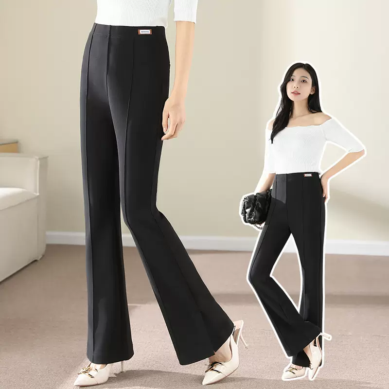 黑色开叉喇叭裤女春季新款高腰垂感显瘦直筒休闲长裤弹力微喇裤子