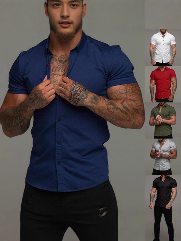 Muscular Men's Fitness Short-Sleeved Lapel Shirt Elastic Thin Pure Color Sports Casual Cardigan Business No-Iron Shirt Trendy Muscular Men's Fitness Short-Sleeved Lapel Shirt Elastic Thin Pure Color Sports Casual Cardigan Business No-Iron Shirt Trendy