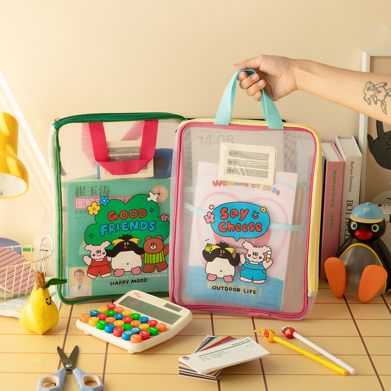 Transparent L-Shaped Portable Document Bag, Test Paper Subject Classification Zipper Bag, Large Capacity, Cute Double-Layer Document Bag